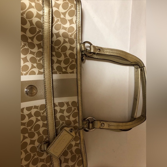 COACH Heritage Signature Stripe Gold Tote Double Handle Handbag Purse - Picture 7 of 16